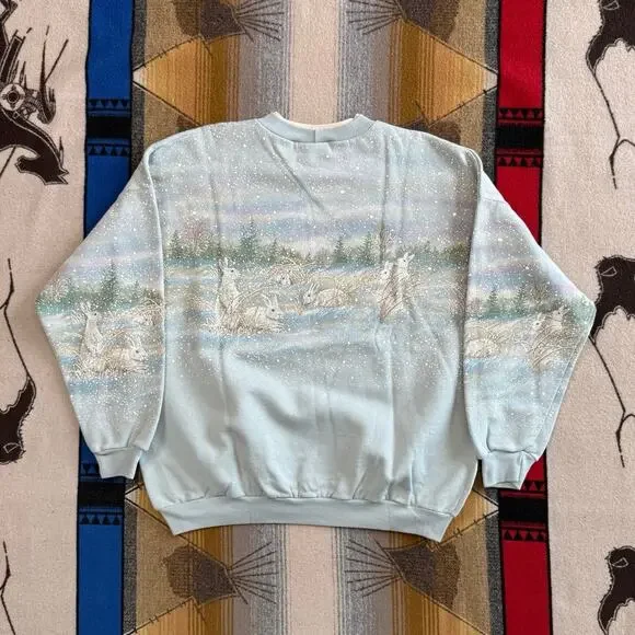 Vintage 90s Women’s Bunny Rabbit AOP Nature Outdoor Sweatshirt Size XL Animals - Picture 2 of 10